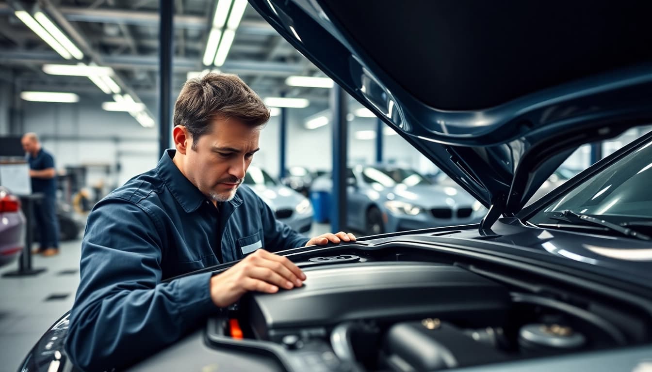 BMW Spezialist inspected a luxury vehicle in a modern garage.