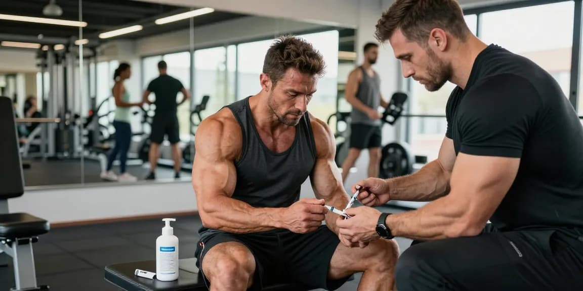 Anabolika Shop: Bodybuilder spritzt Steroide im modernen Fitnessstudio.