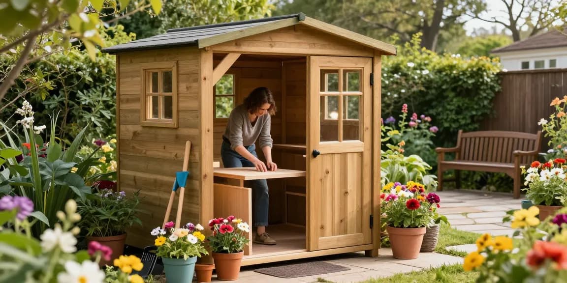 Gartenhäuser: Handwerker im Gartenhaus mit Werkzeugen und Pflanzen für eine gemütliche Atmosphäre.