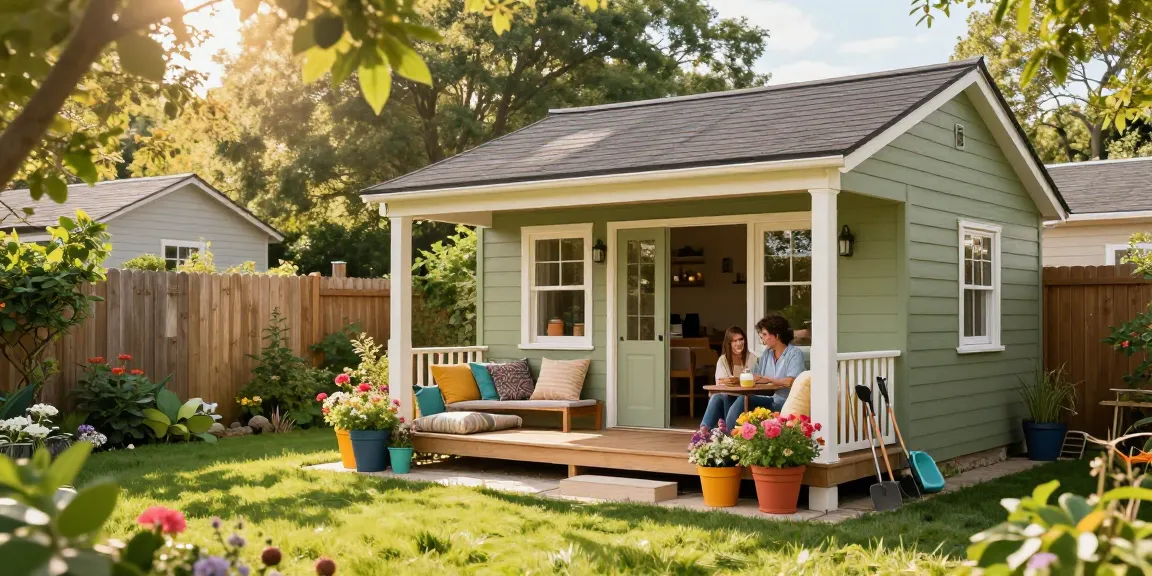 Garten Haus in sonnigem Garten mit gemütlicher Sitzecke und blühenden Pflanzen.