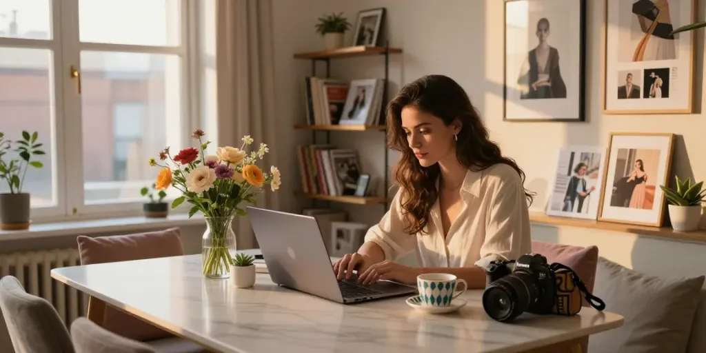Elegant Urban Lifestyle Szene auf https://www.lady-lifestyle.de/ mit stilvoller Frau im Apartment