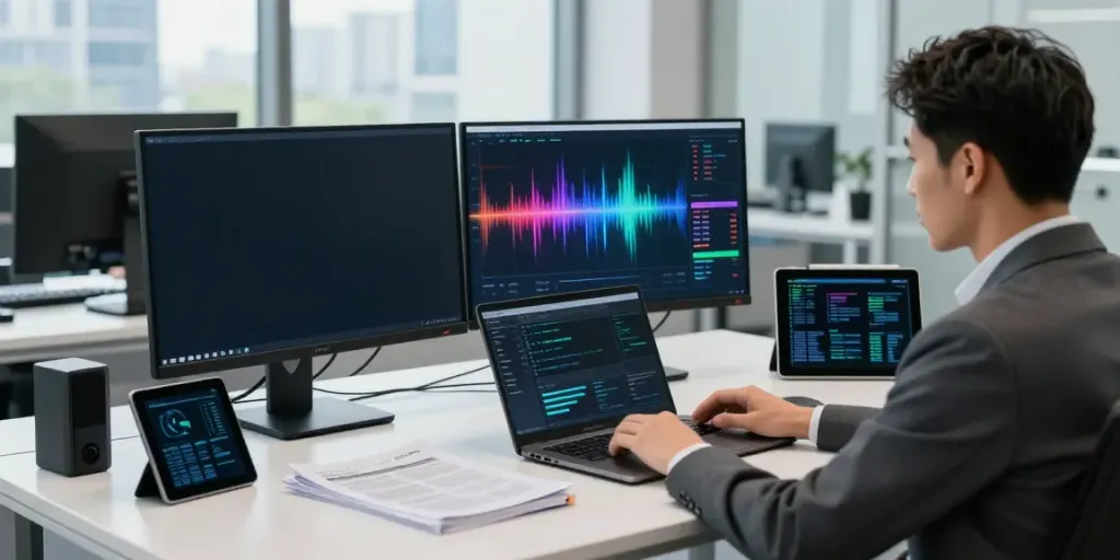 IT-Sicherheit Frankfurt: IT-Sicherheitsanalyst analysiert Bedrohungen in modernem Büro.