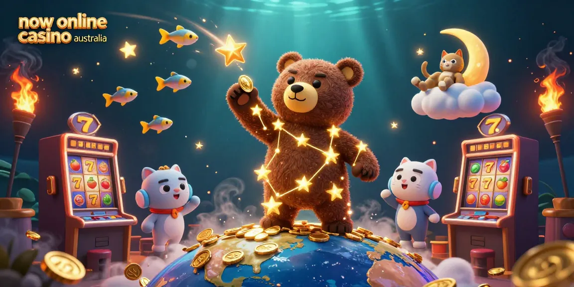 Experience the magic of the new online casino Australia universe with a constellation bear scooping coins.