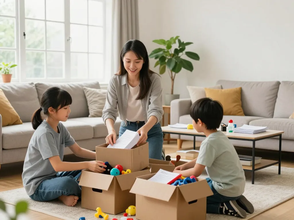 Effiziente professionelle Entrümpelungsszene, die professionelle Entrümpelungen in deiner Region mit einer Familie zeigt, die gemeinsam arbeitet