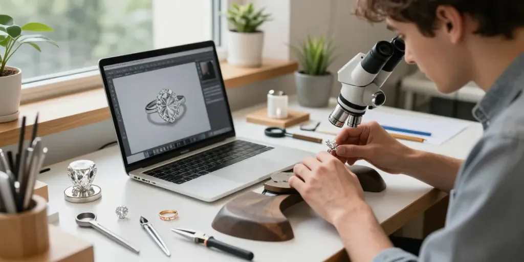 Verlobungsring selbst gestalten in einem eleganten Schmuckatelier, wo ein Kunsthandwerker verschiedene Diamanten und edle Metalle präsentiert.