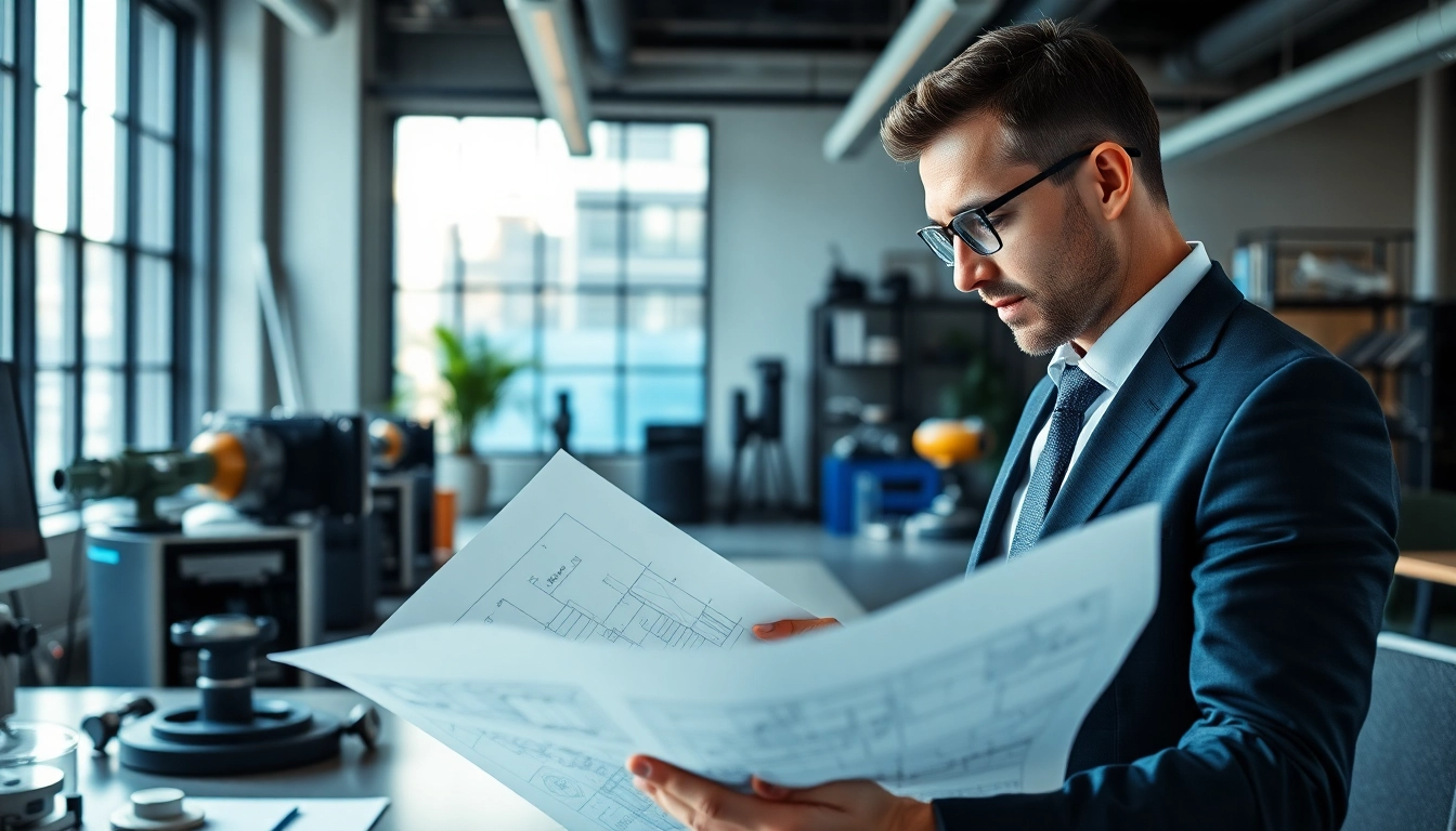 Headhunter Ingenieure analysiert technische Pläne in einem modernen Büro.