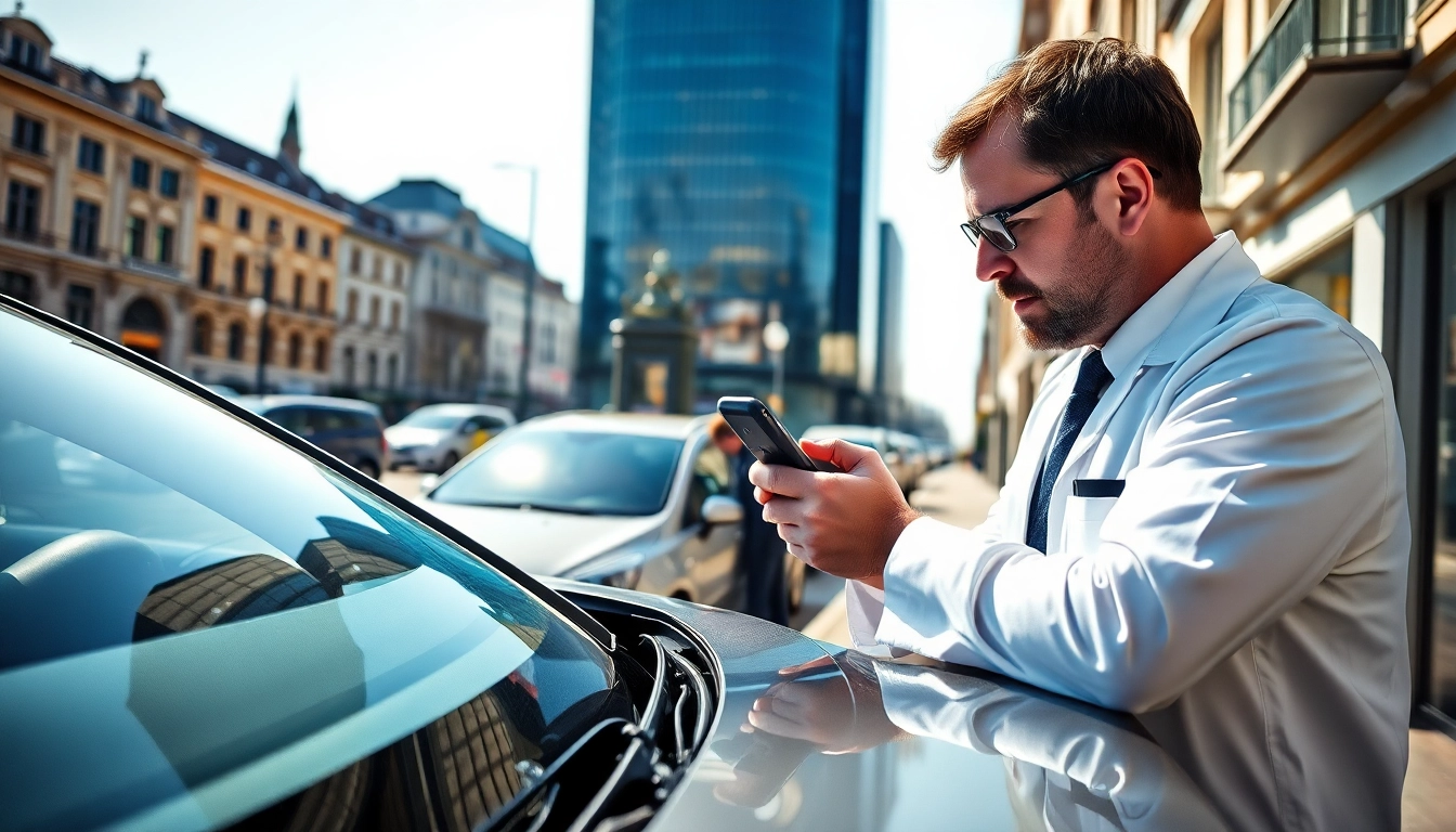 Kfz Sachverständiger Düsseldorf analysiert Fahrzeug in urbaner Umgebung.