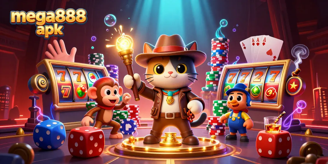 Engage with mega888 apk's thrilling gaming experience featuring a cat archaeologist discovering treasures.