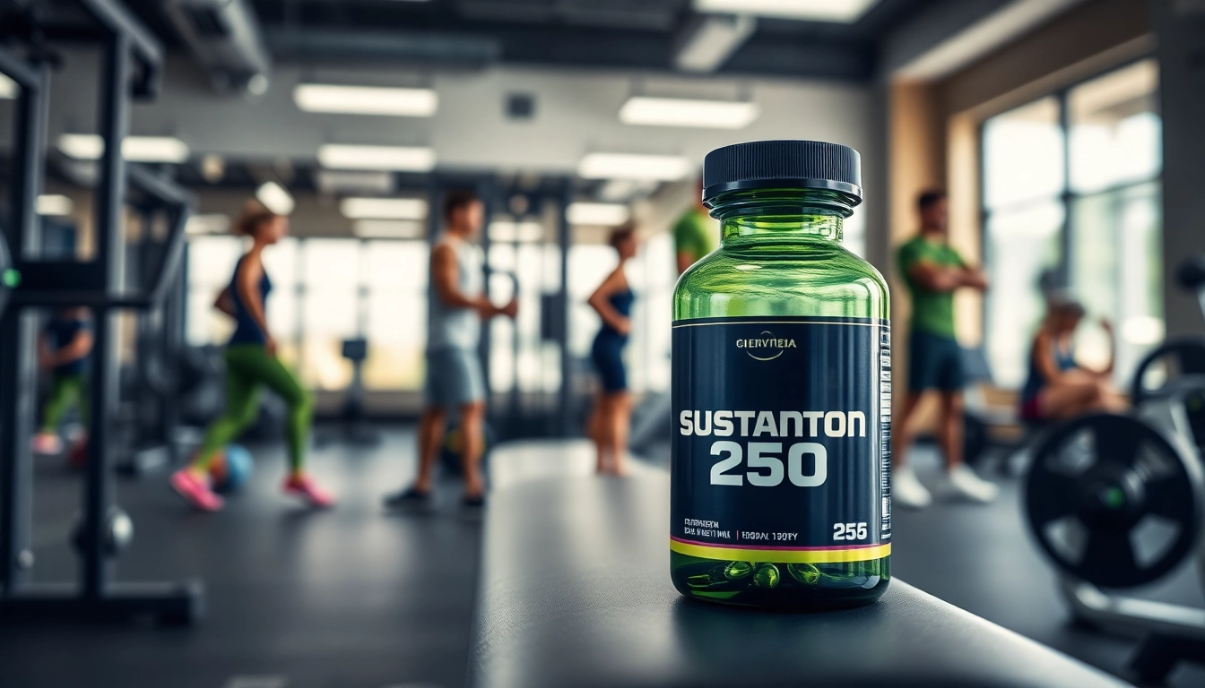 Sustanon 250 kaufen: Fitness Supplement in a modern gym setting with vibrant colors.