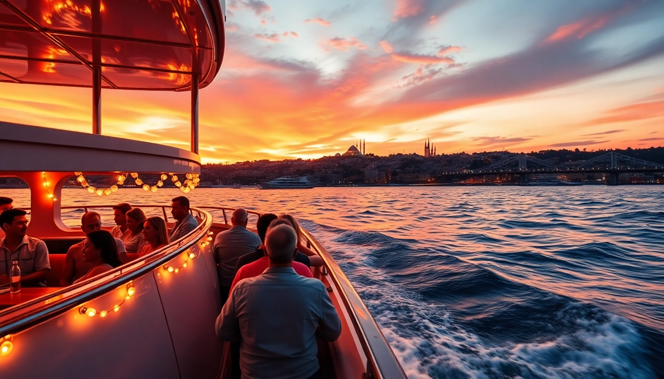 Bosphorus sunset cruise mit Passagieren, die die atemberaubende Aussicht genießen.