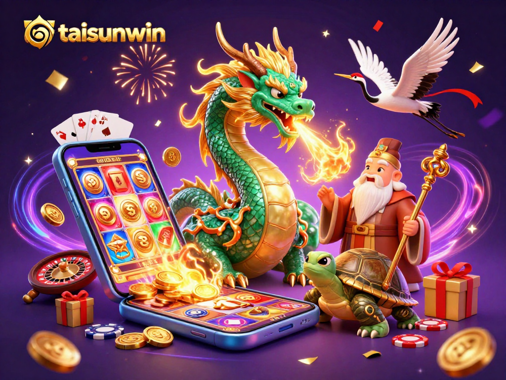 Witness the taisunwin extravaganza with a jade dragon, turtle sage, and lucky cranes in a vibrant casino scene.