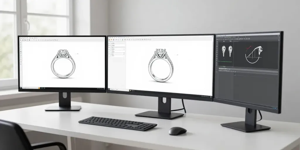 Verlobungsring selbst gestalten mit innovativer 3D-Design-Software auf modernem Arbeitsplatz.