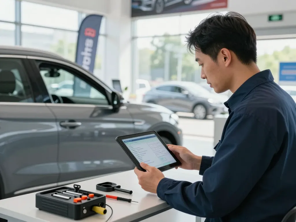 Ein Experte KFZ Sachverständiger Bonn inspiziert ein Fahrzeug in einem modernen Autohaus.