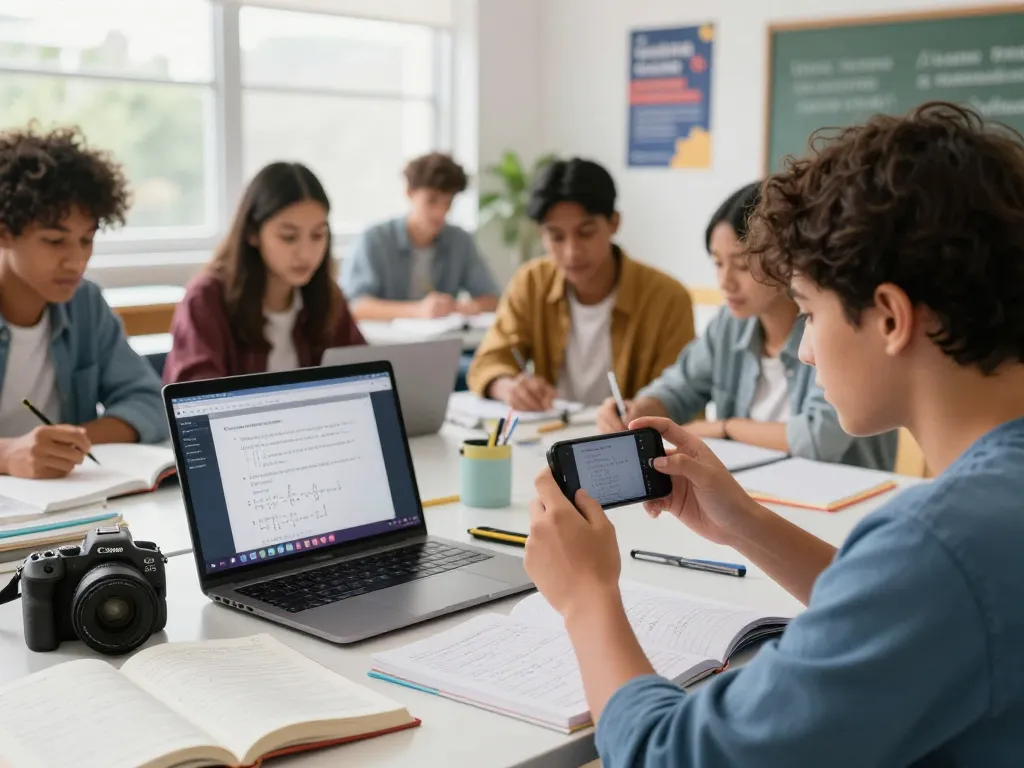Schüler nutzen eine Hausaufgaben Löser-App zur gemeinsamen Lösung von Hausaufgaben in einem hellen Klassenzimmer.