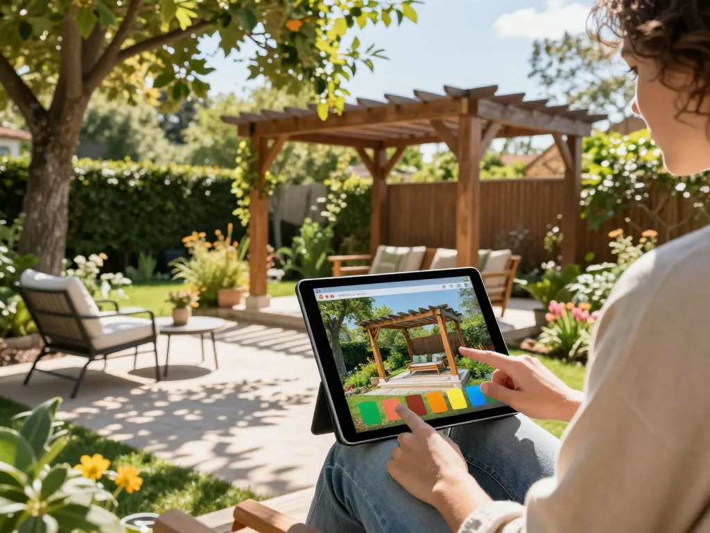 Pergola Konfigurator 3D in Aktion, Benutzer visualisiert individuelles Pergoladesign in einem schönen Garten.