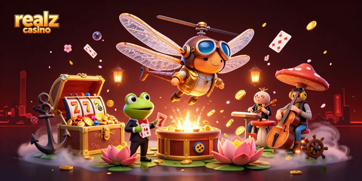 Experience realz casino action with a lively gaming scene featuring a dragonfly pilot and frog croupier.