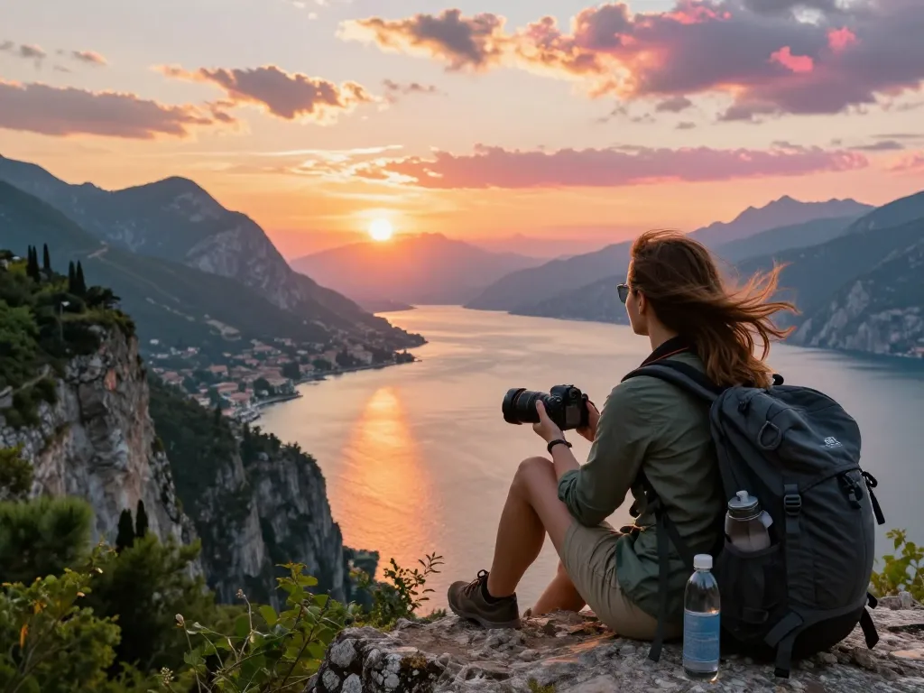 Gardasee Reisetipps - Reisender genießt einen atemberaubenden Sonnenuntergang am Gardasee mit Kamera und malerischer Kulisse.