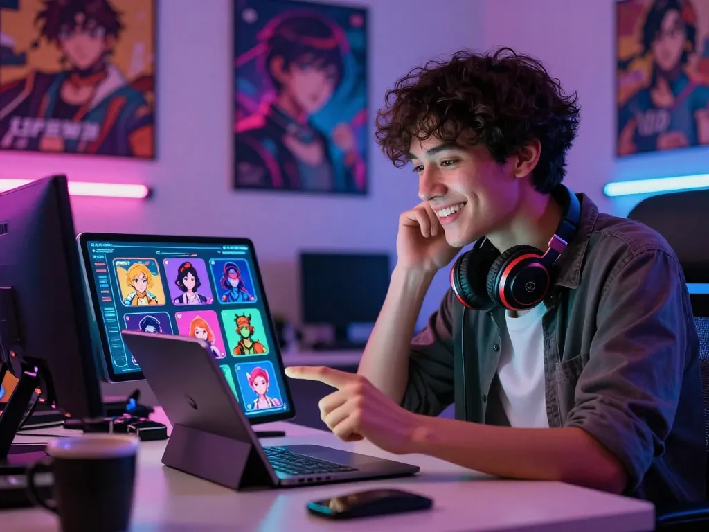 User engaging with an NSFW chat bot on a sleek tablet, vibrant digital avatars displayed.
