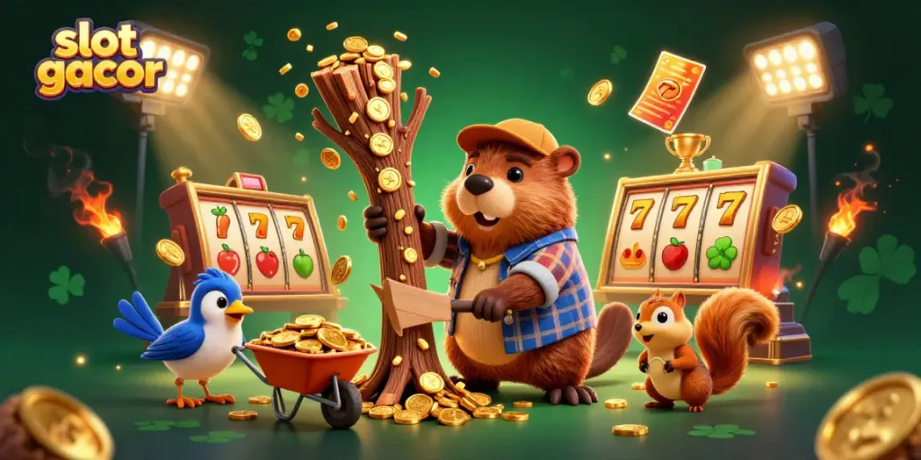 Engage with slot gacor thrills as a lumberjack beaver collects golden coins in a vibrant 3D casino scene.