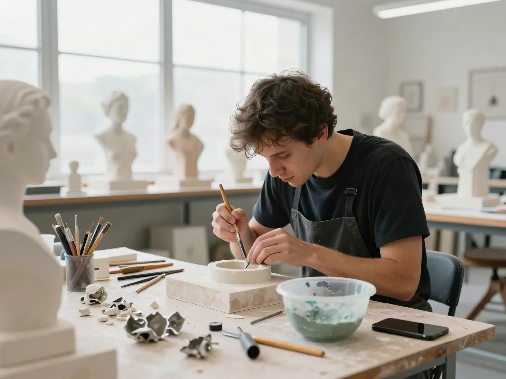 Prototypenbau in der Kunst: Artisan bei der Reproduktion einer Skulptur im Atelier.