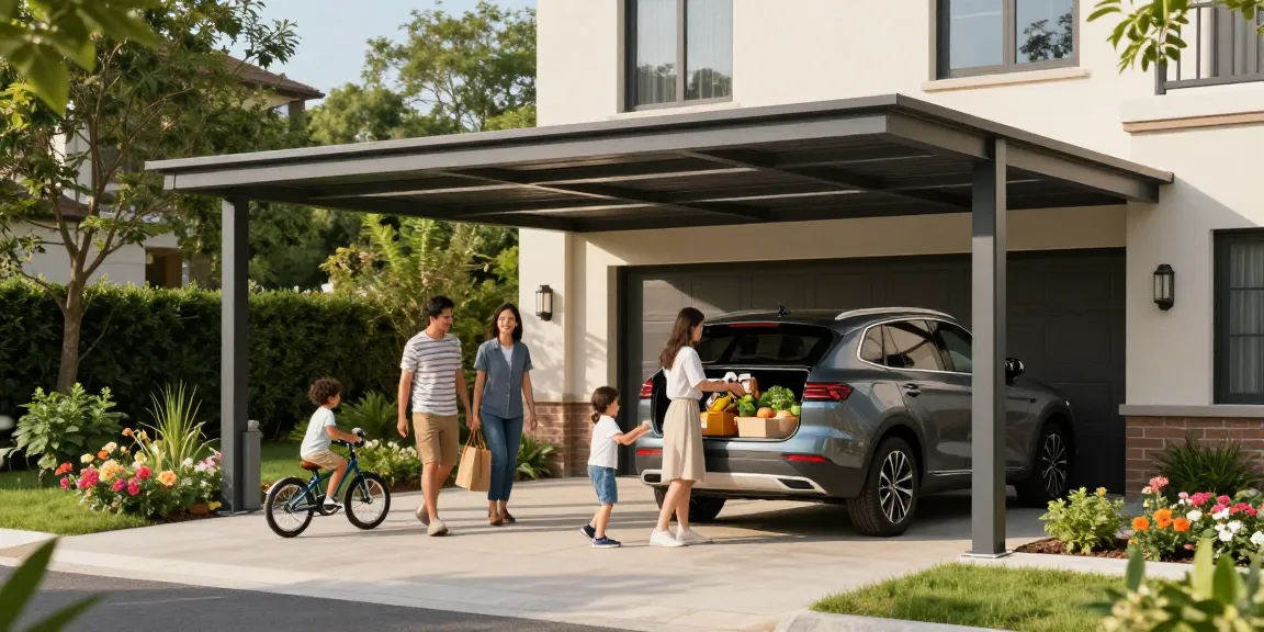 Moderne Carport-Gestaltung mit Familie beim Entladen von Lebensmitteln im Garten.