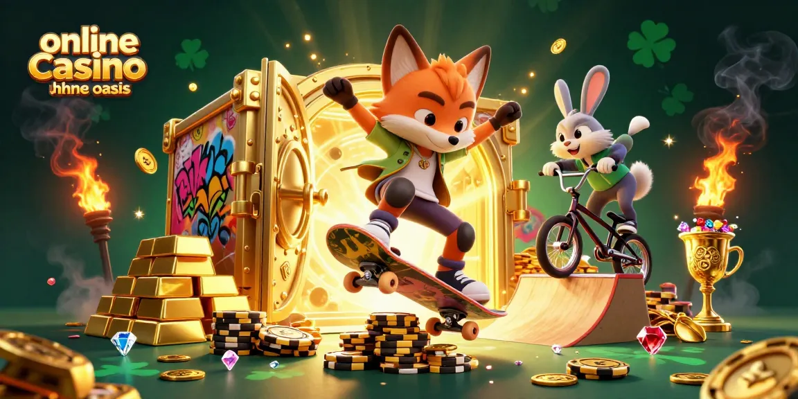 Experience the thrill at an online casino ohne oasis with skateboarder fox and BMX rabbit.