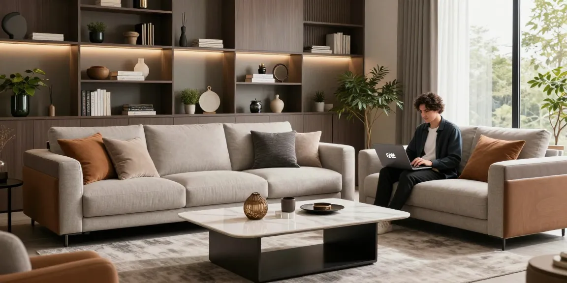 Gemütliches Wohnzimmer mit stilvollen Möbeln, in dem jemand Optionen zum Möbel direkt bestellen erkundet, umgeben von eleganter Dekoration.