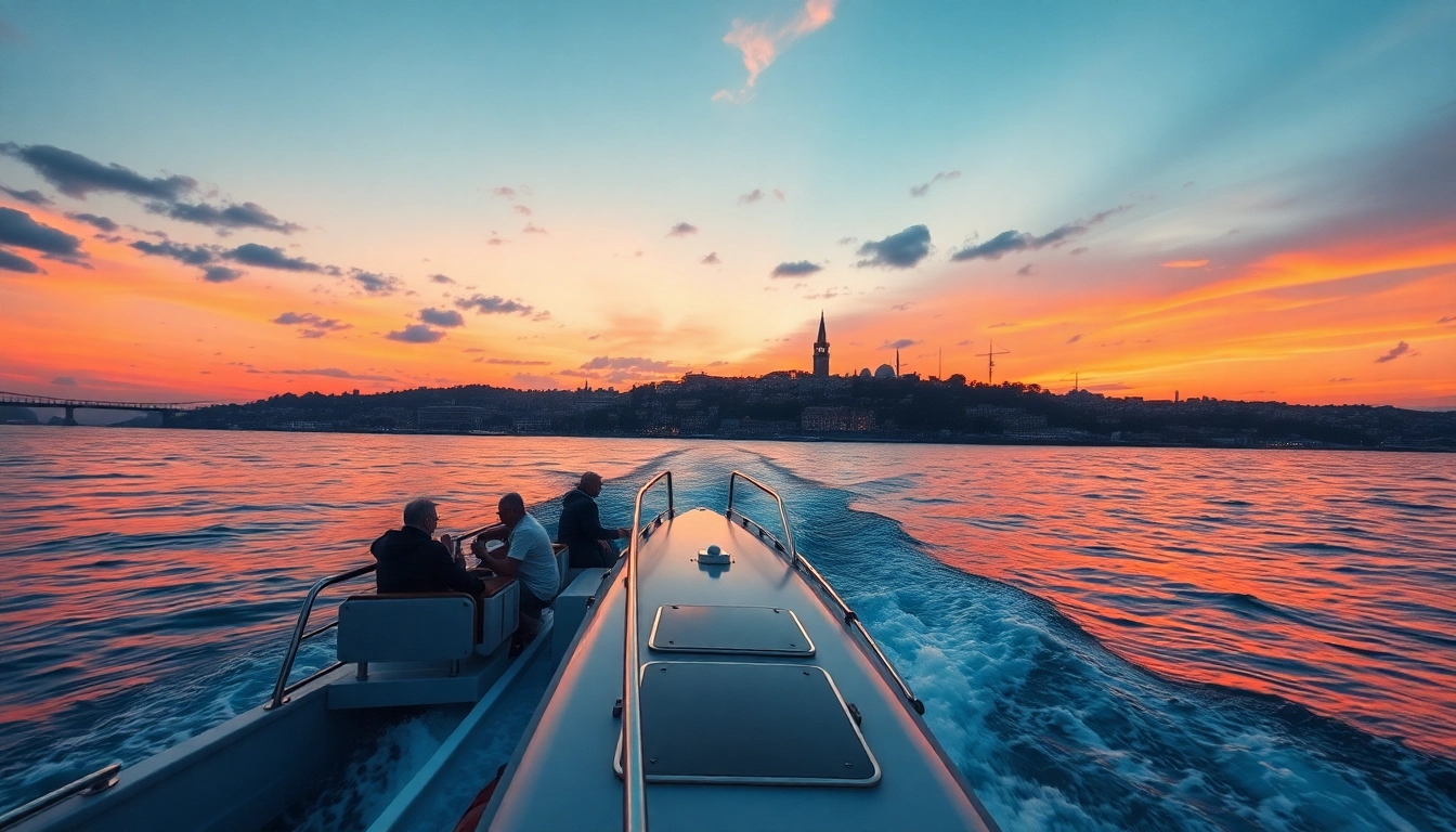 Bosphorus sunset cruise with beautiful Istanbul skyline at dusk, showcasing vibrant colors.