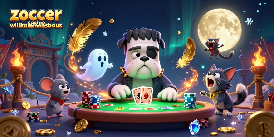 Erlebe den faszinierenden zoccer casino Willkommensbonus mit einem fröhlichen Frankenstein-Bulldog und Geistern am Tisch.
