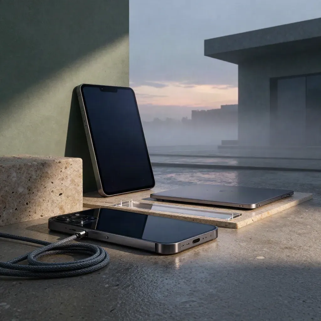 Dramatisches Stillleben aus Smartphone, Tablet und Laptop auf nassem Stein im Morgennebel.