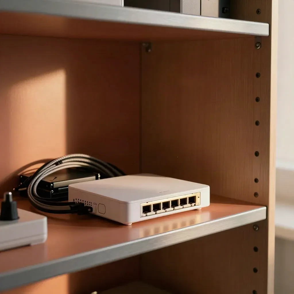 Pflegeregal mit Backup-Drives, ordentlich verlegten Kabeln und Netzwerk-Hub im warmen Licht.