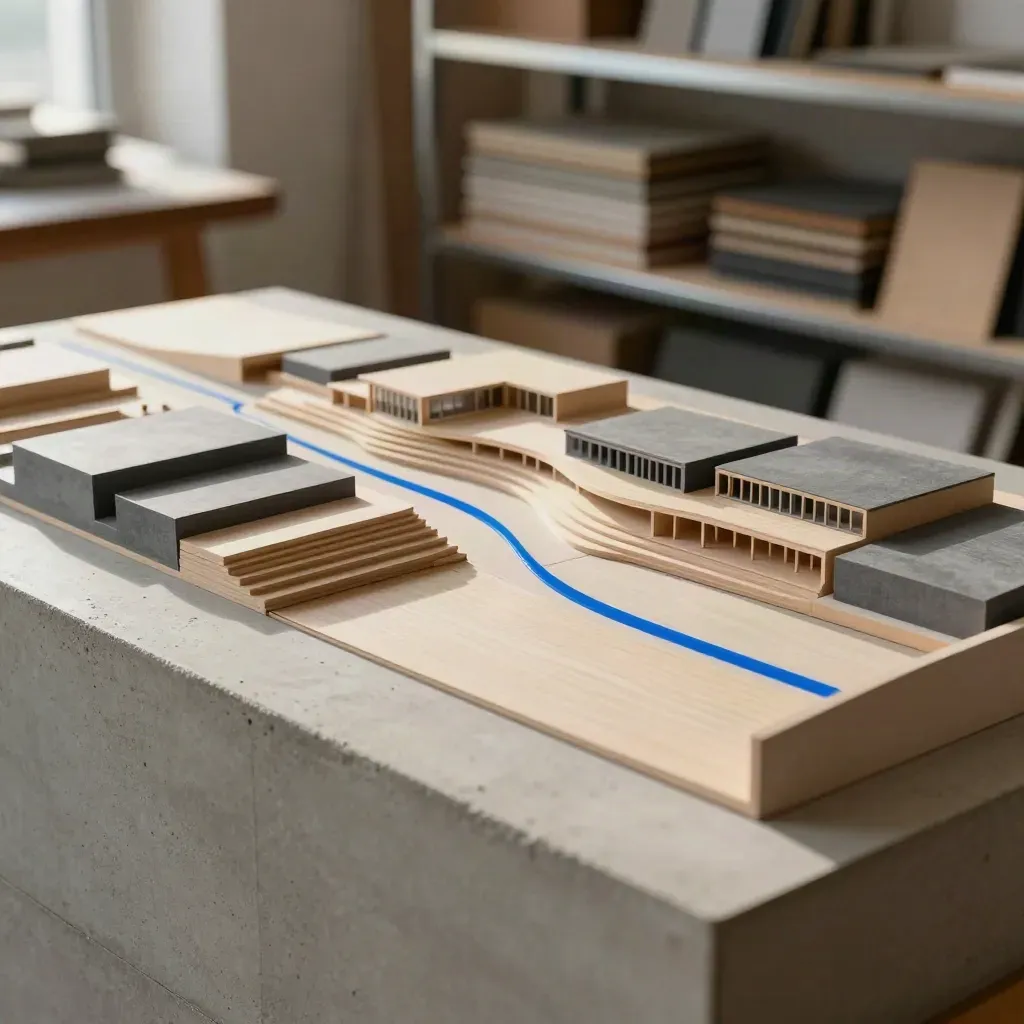 Architekturmodell auf Betonsockel mit blauer Markierung im warmen Studiolicht.