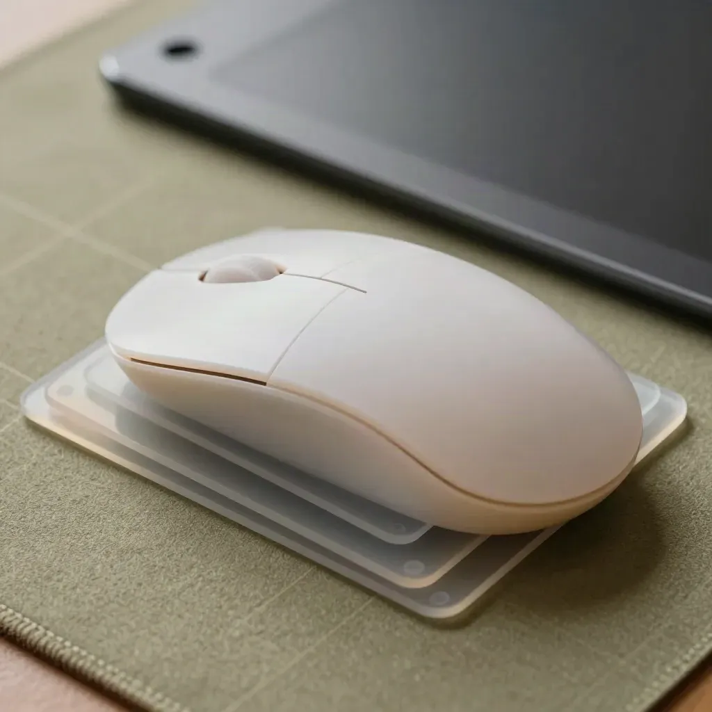 Makro von UI-Designkarten, runder Maus und mattem Tablet auf khakifarbenem Filz
