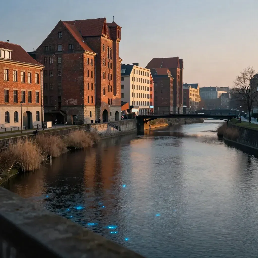 Leipziger Backsteinmühlen am ruhigen Kanal im goldenen Abendlicht
