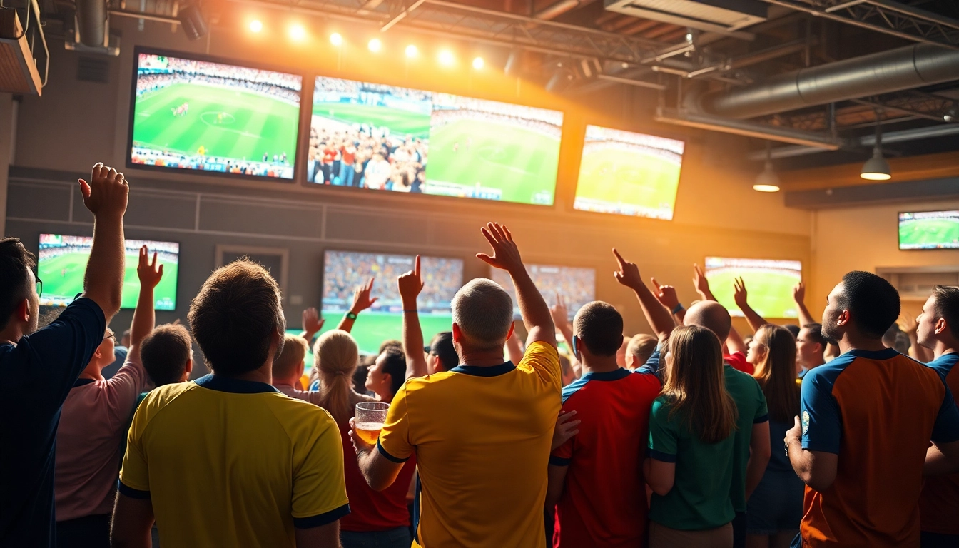 Fans enjoying Sports Broadcasting in an energetic sports bar atmosphere.