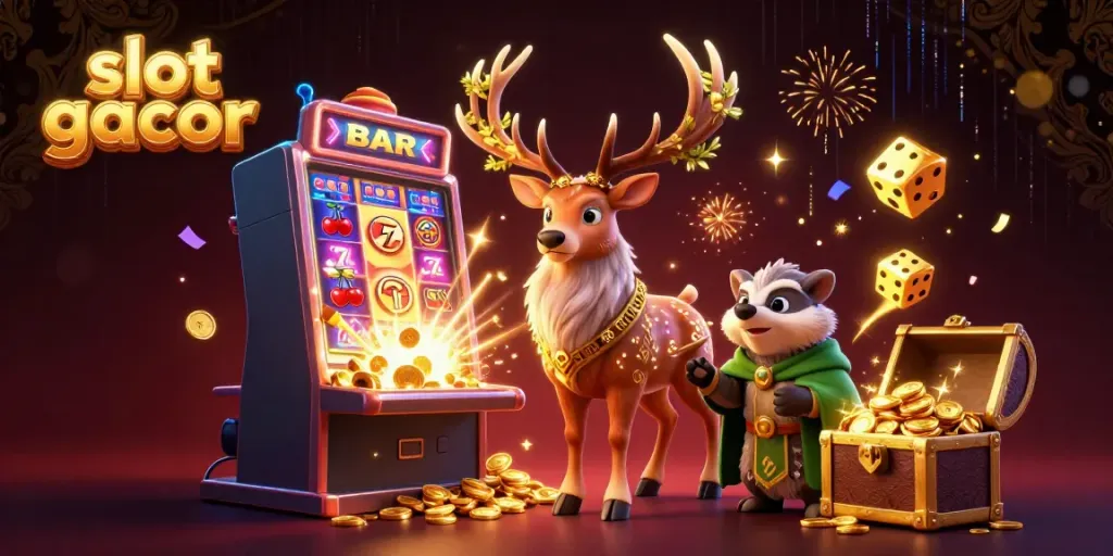 Experience a thrilling jackpot in slot gacor as the Celtic stag and badger celebrate wins amidst coins and vibrant casino elements.