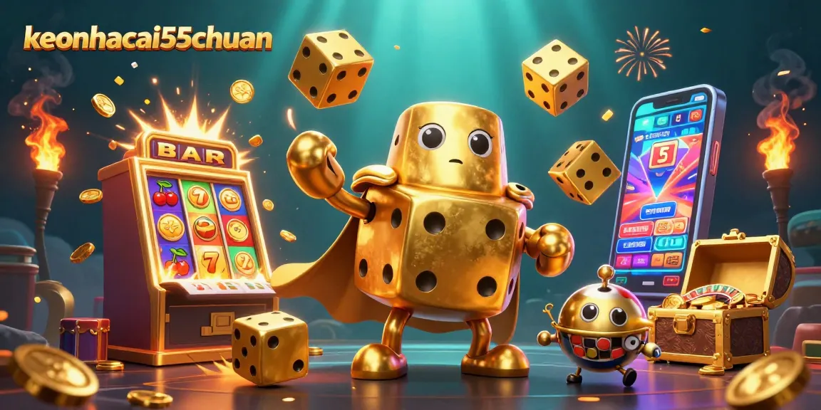 Experience thrilling gameplay with keonhacai55chuan, featuring golden dice, slot machines, and vibrant casino elements.