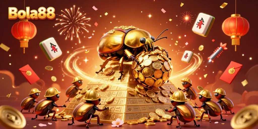 Bola88 features a golden dung beetle rolling coins, highlighting vibrant casino elements and festive atmosphere.