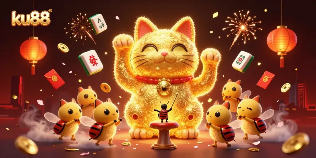 Experience fun at ku88 with a vibrant dynamic scene showcasing a lucky cat and an enchanting casino atmosphere.