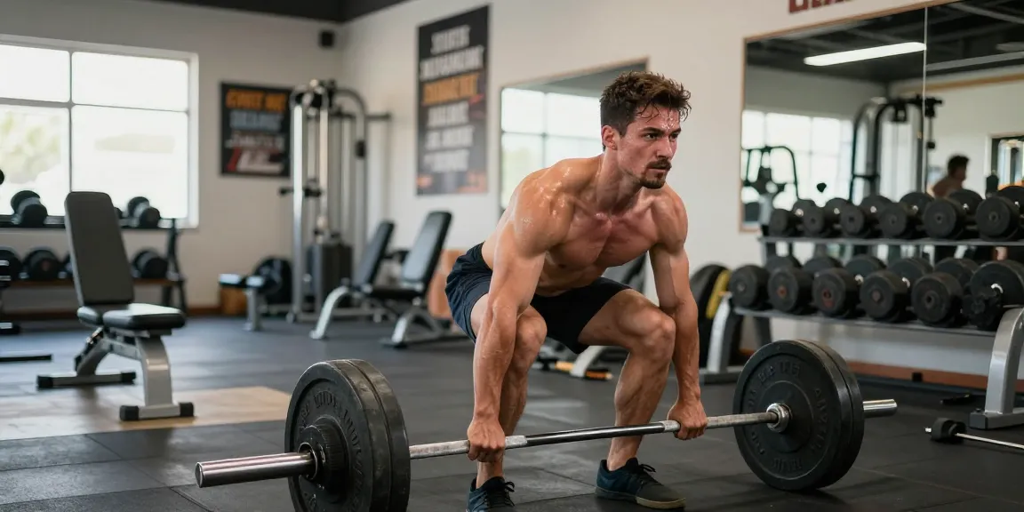 Bodybuilder hebt Gewichte im Anabolika-Shop für Muskelaufbau.