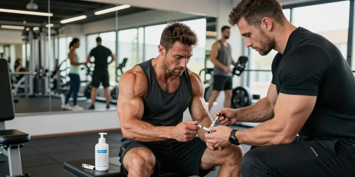 Anabolika Shop: Bodybuilder spritzt Steroide im modernen Fitnessstudio.