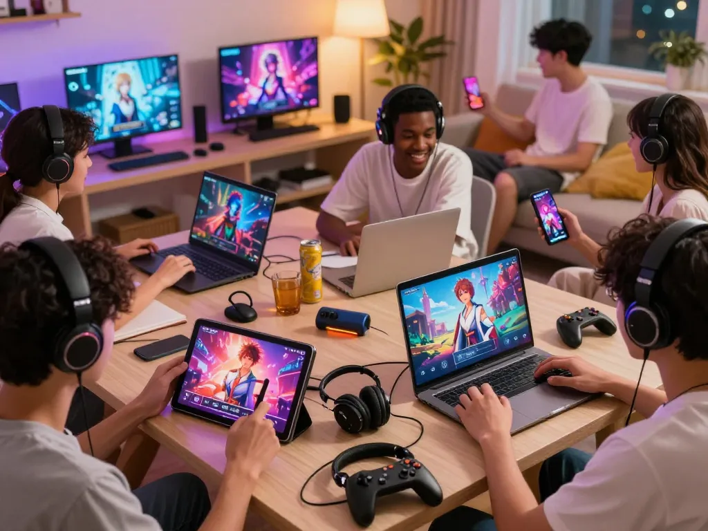 Engaging players enjoying a free sex game on various devices in a vibrant gaming setting.