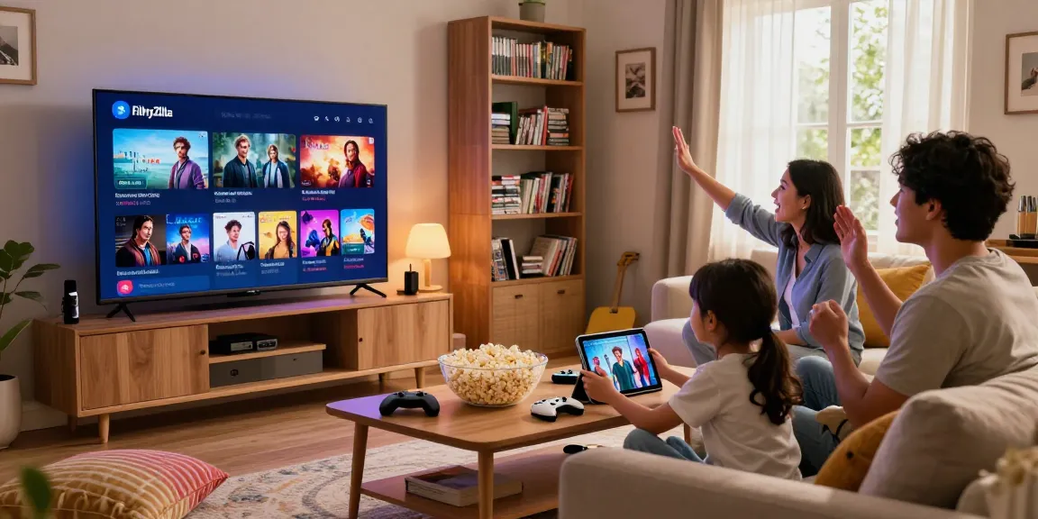 Family enjoying movies on FilmyZilla app in cozy living room with smart TV.