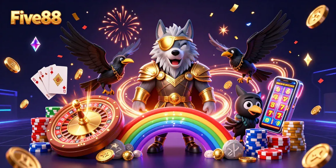 Players explore the vibrant world of Five88 with golden coins, casino games, and mythical characters.