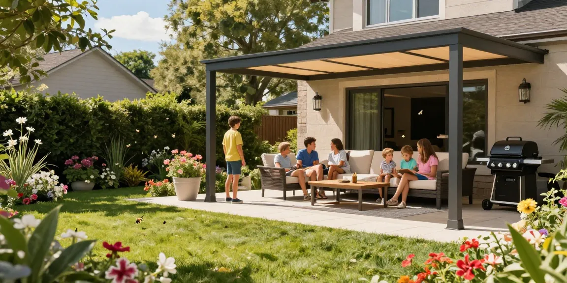 Moderne freistehende Terrassenüberdachung im Garten mit Familie am Grill.
