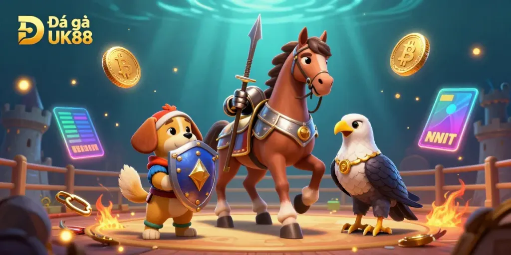 Experience Đá gà UK88 in a vibrant cockfighting arena with animated knight and squire characters.