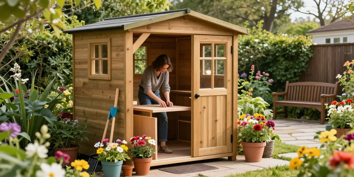 Gartenhäuser: Handwerker im Gartenhaus mit Werkzeugen und Pflanzen für eine gemütliche Atmosphäre.