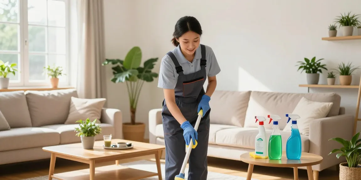 Professional cleaner ensuring spotless areas for reinigungsfirmen bern services in a bright, tidy living room.