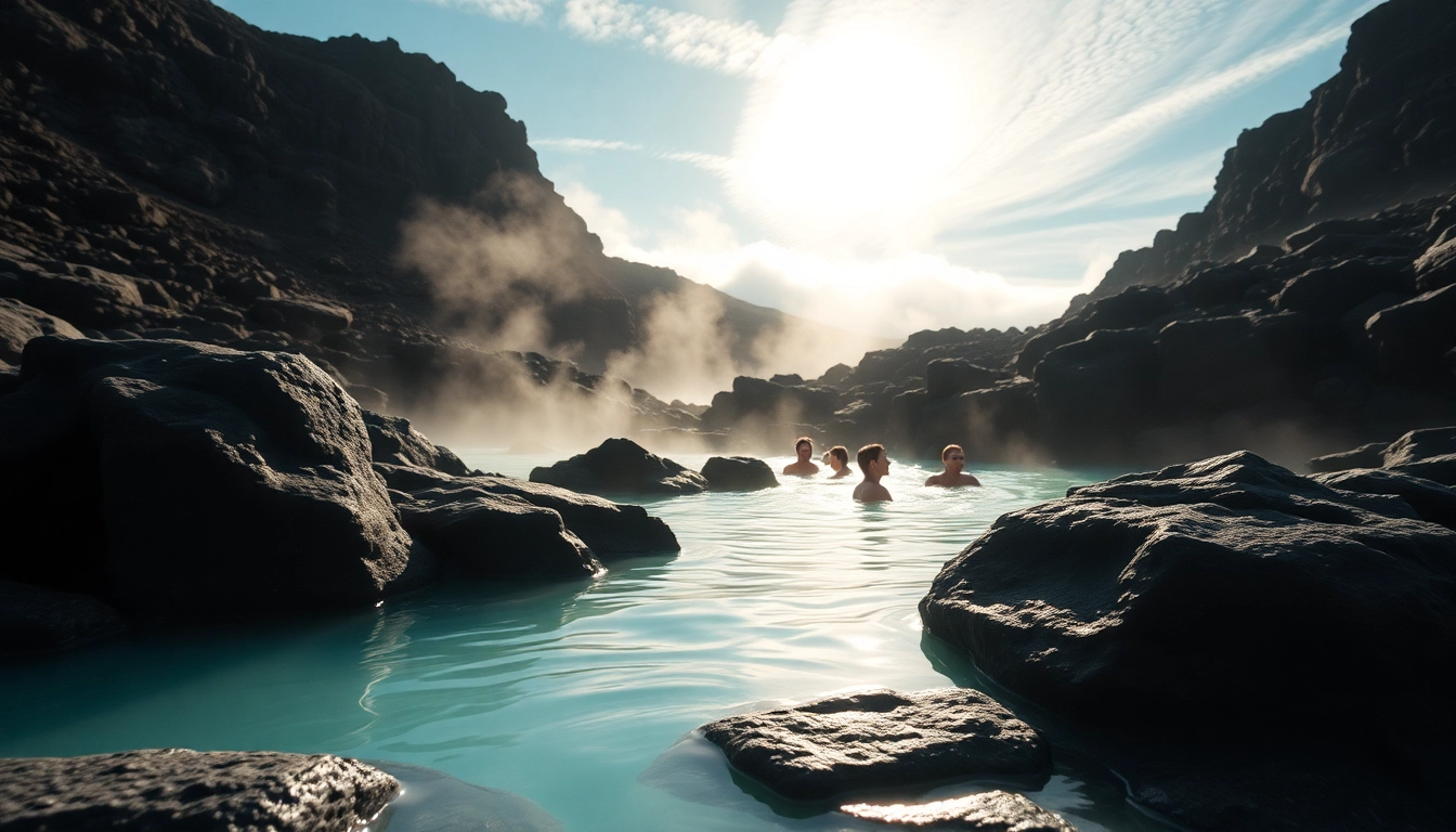 Blaue Lagune Reykjavik mit türkisfarbenem Wasser und Lava-Landschaft im Hintergrund.
