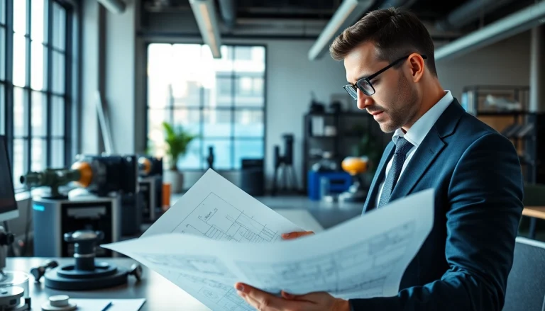Headhunter Ingenieure analysiert technische Pläne in einem modernen Büro.